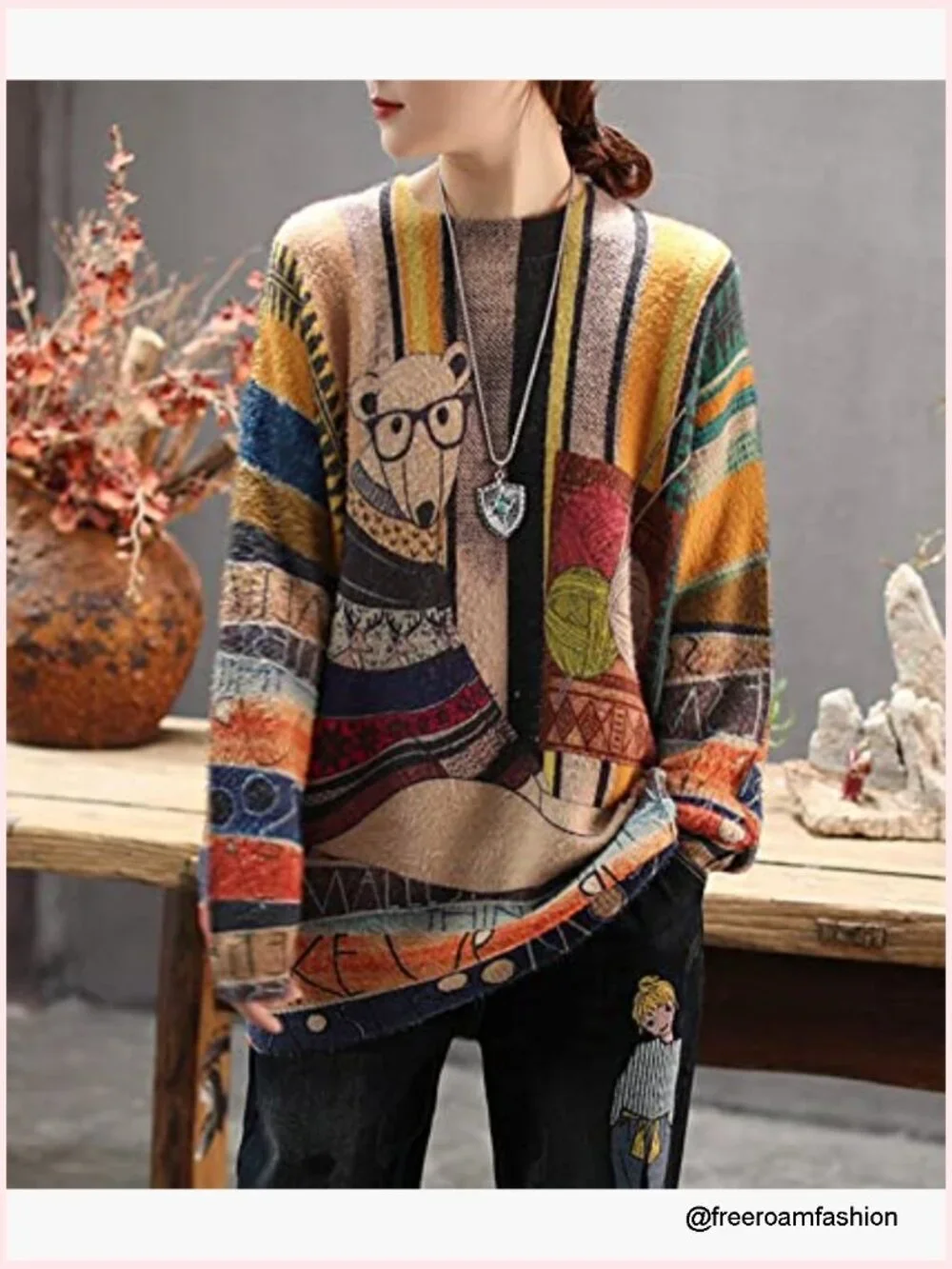 Graphic Printed Oversized Pullover Sweater Snowman Design
